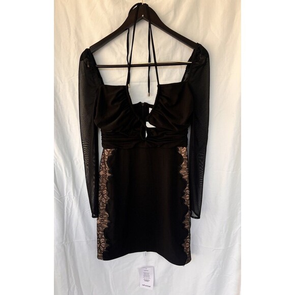 SELF-PORTRAIT Cutout Lace Trimmed Stretch Jersey Chiffon Halterneck Mini Dress 4 - Picture 5 of 13